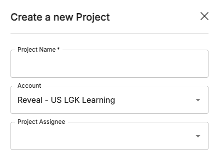 Form for creating a new project with fields for name, account, and assignee.